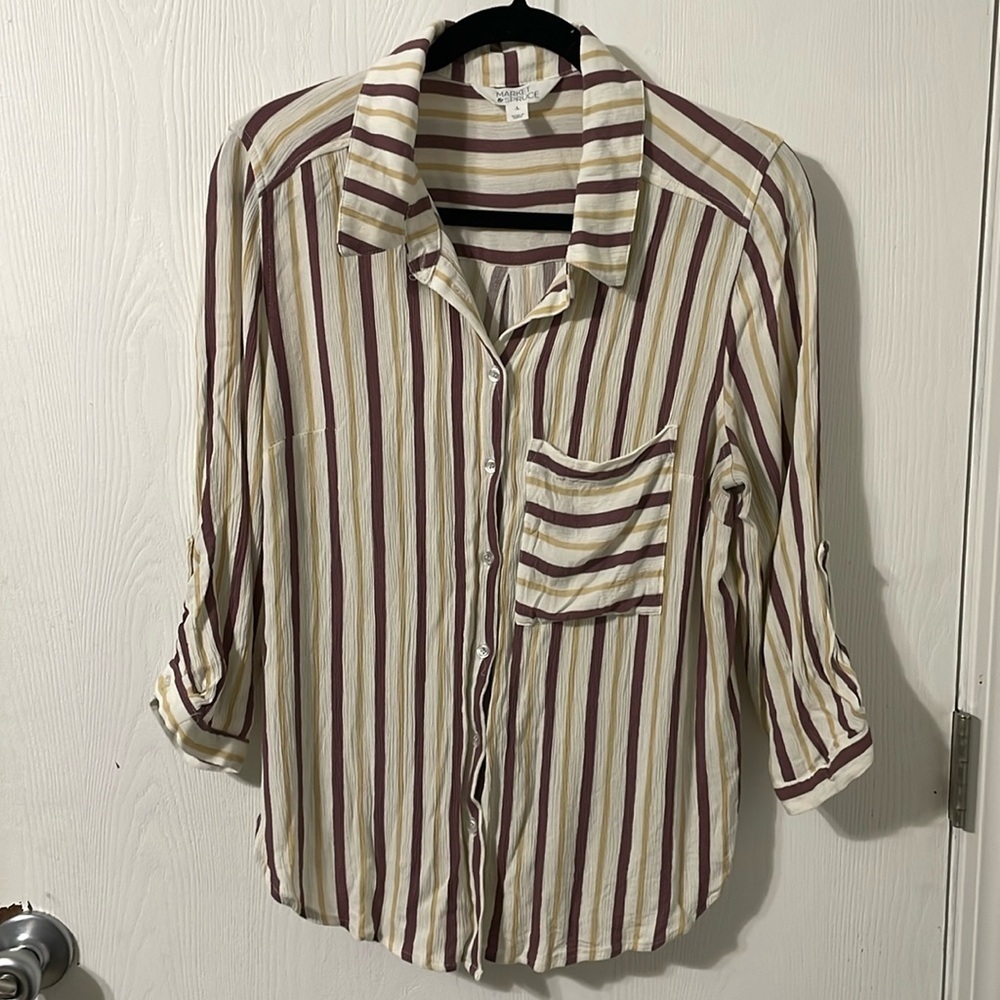 💰Market & Spruce Lightweight Maroon/White/Gold Striped Button Down Shirt Large